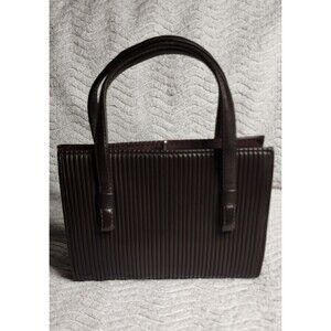 VINTAGE Brown Pleated Leather SATCHEL Double Handle MetalTop Latch Bag Purse EUC